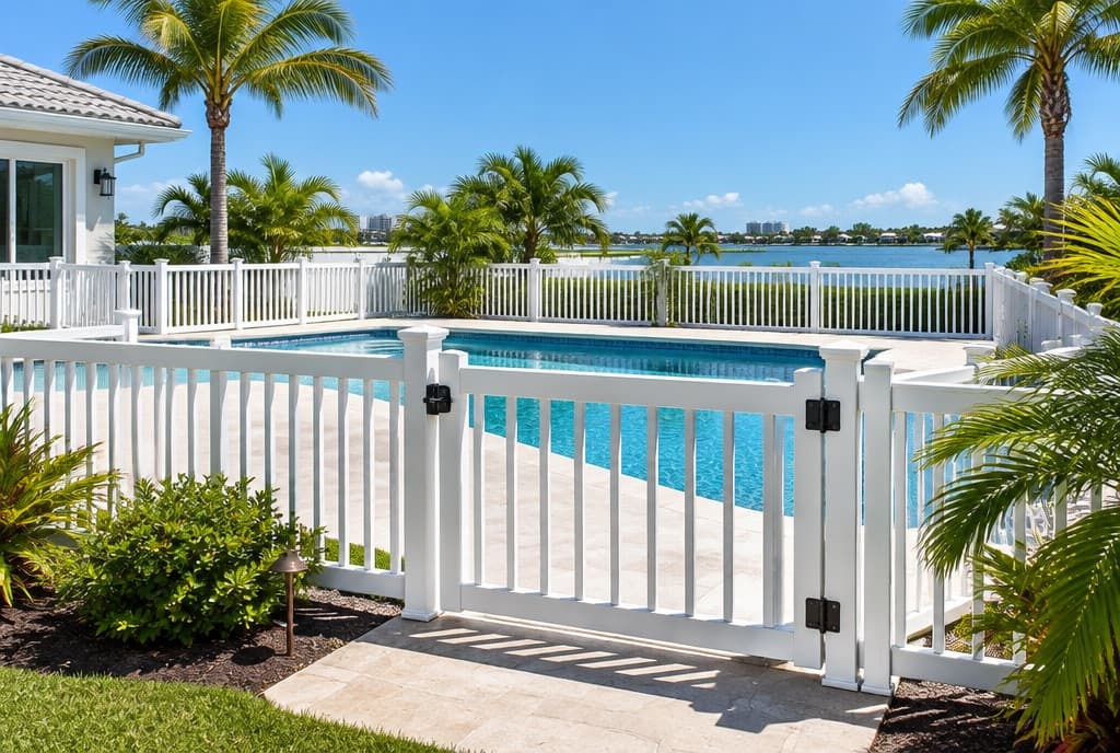 Vinyl pool enclosure fence with a self-latching gate